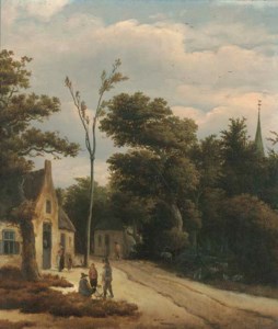 A wooded landscape with villagers conversing by a track