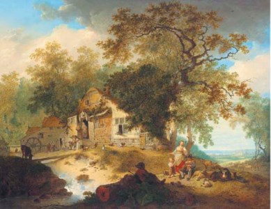 A wooded river landscape with peasants resting by a cottage