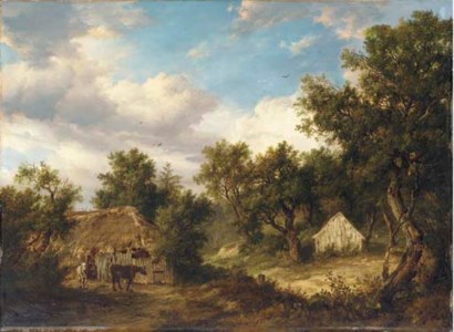 A wooded landscape with cattle and a figure in front of a byre