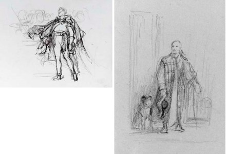 A sketchbook of figure, landscape and other drawings, including studies for 'The Entry of George IV into Holyrood House' (1830), the portraits of Queen Adelaide (1833) and the Duke of Wellington (1835), and 'Nelson sealing the Copenhagen Despatch', and further studies of compositions and details including figure groups, buildings, window and door frames, a table and ornamental urn, basket-hilt, picture frame and other subjects