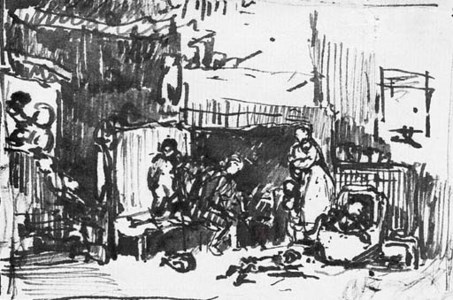 Figures around the hearth, and with a subsidiary study of a mother holding a child and a dog ( recto ), and landscape studies ( verso )