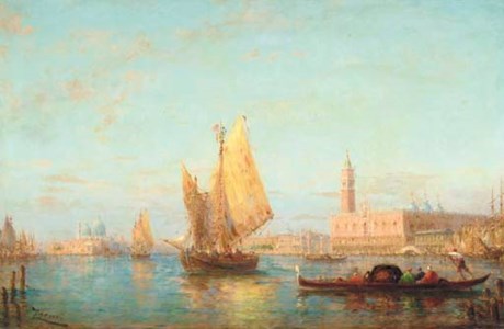 Bragozzi and Gondolas in the Bacino of San Marco with the Palazzo Ducale beyond, Venice