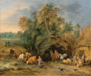 A landscape with peasants and drovers outside cottages