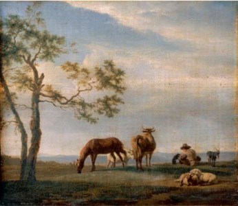 An extensive landscape with a herdsman with cattle, goats and a horse