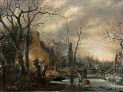 A winter landscape with peasants playing kolf on a frozen river