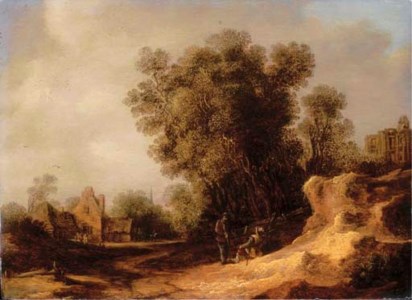 A landscape with peasants resting on a bank, a village beyond