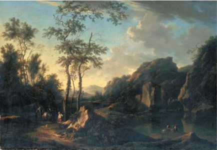 A wooded river landscape with travellers and peasants on a path and fishermen on the bank
