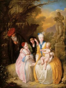 Elegant figures in a garden with Cupid