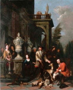 A family hunting group outside a Neoclassical mansion