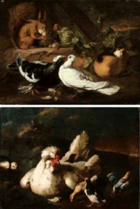 Two courting doves, a squirrel and a guinea-pig on a forest floor; and A hen and chicks in a landscape