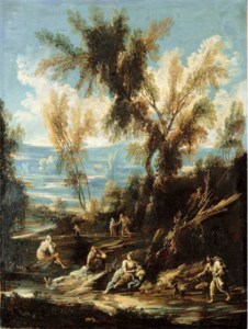 A wooded river landscape with washerwomen and other figures