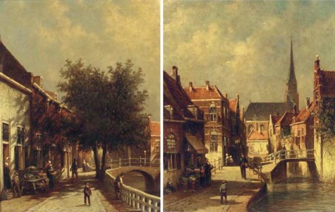 Figures along sunlit Dutch canals