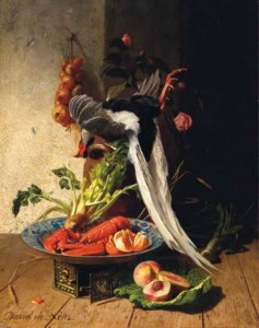 A kitchen still life with a pheasant, a lobster, various fruits and vegetables