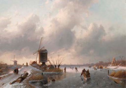 An extensive winter landscape at dusk with skaters on the ice and a koek and zopie in the distance