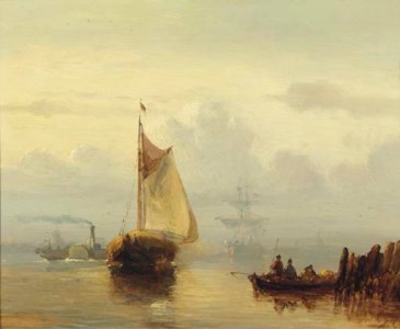 Steamship 'De Schelde' passing a haybarge on a misty morning