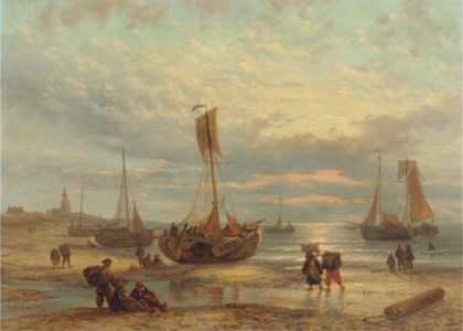 Fishing vessels on the beach at sunset, Scheveningen