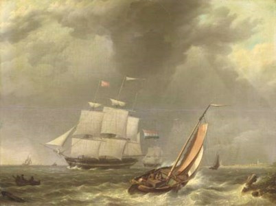 A frigat under sail by a coast