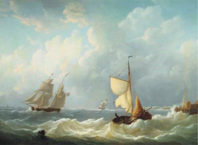 Dutch sailing vessels on choppy waters by a jetty