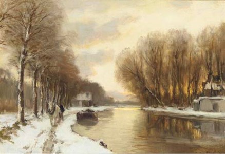 Sunset over a river in winter