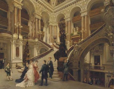 The interior of the Paris Opera, with figures on the steps
