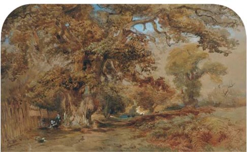 Figures by a path in a wooded landscape, with deer beyond