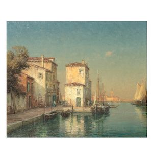 Antoine Bouvard (French, 1870-1956) A Venetian canal with St Marks in the distance
