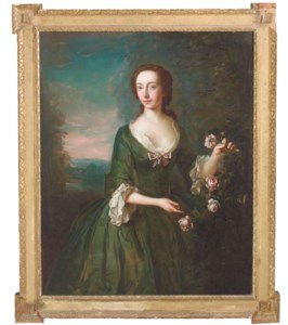 Portrait of Mrs. Hamilton Gordon of Newhailes, three-quarter length, in a green dress with white fichu in a landscape