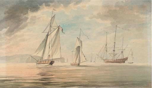 A man-o'war and two cutters off the Needles