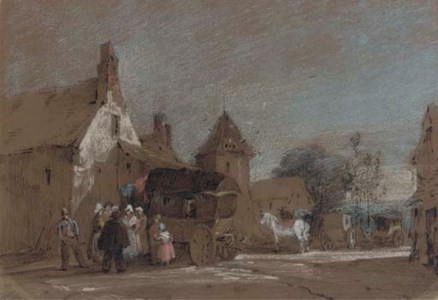 Figures disembarking from a carriage in a French village