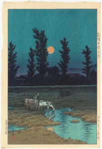 Sapporo Nakanoshima no yuzuki (Evening moon at Nakanoshima, Sapporo), from the series Nihon fukei shu higashi Nihon hen (Collection of scenic views of Japan: Eastern Japan), 1933.3 Tsutanuma no asa (Morning at Tsuta Marsh), from the same series, 1933 Shuzenji no ame (Rain at Shuzenji), 1933
