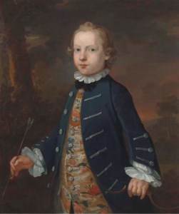 Portrait of a boy, three-quarter-length, traditionally identified as 'Master Best', in a blue coat and floral waistcoat, holding a bow and arrow, in a wooded landscape