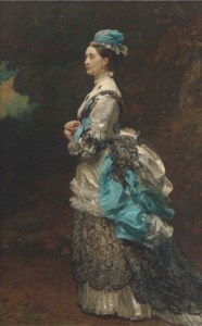 Portrait of Lady Marjorie Banks, standing full-length, in a white dress with black lace trim, and a blue hat