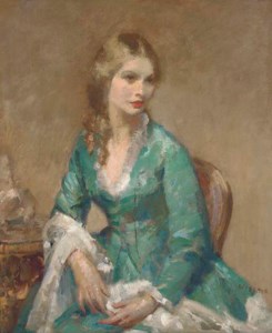Portrait of a lady, three-quarter-length seated, in a turquoise dress