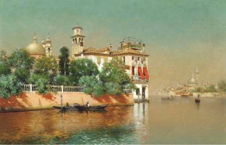 A Venetian view with gondolas on a canal