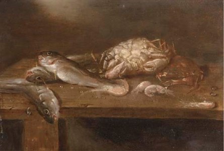 Crabs, pikes and shrimp on a wooden ledge