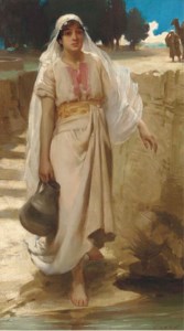 An Eastern girl fetching water from a stream