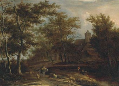 A wooded river landscape with a peasant on horseback, a shepherd with his flock and other peasants fishing outside a village