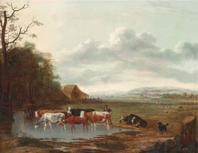 An extensive landscape with a herdsman and cattle
