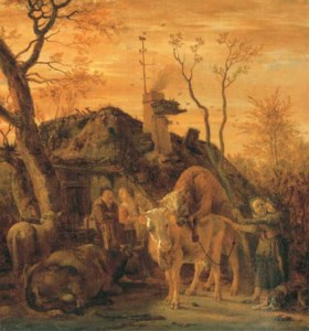A tethered bull covering a cow in a farmyard