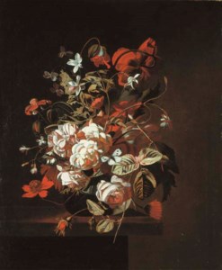 Jasmine, roses, poppies and other flowers and a butterfly in a glass vase on a ledge