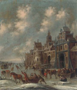 A winter landscape with skaters by a walled town