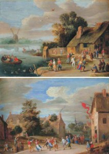 A river landscape with peasants merrymaking beside a cottage; and A village landscape with peasants merrymaking outside an inn