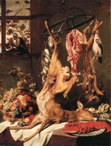 A deer, a fawn and other dead game suspended on hooks, a lobster on a porcelain plate, artichokes and grapes, apples, plums and other fruit in a basket on a partly-draped table with two monkeys