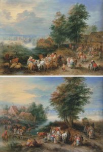 A village landscape with peasants merrymaking outside an inn and fording the river on a cart; and A river landscape with peasants unloading a cart and herdsmen with cattle by a bridge outside a village