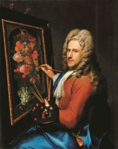 Portrait of the painter Coenraet Roepel (The Hague 1678-1748), seated, half-length, painting a still life with flowers and fruit