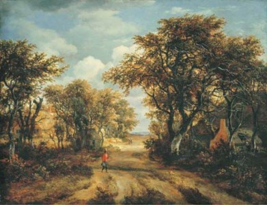 A wooded landscape with a hunter and other figures on a path