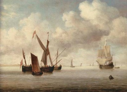 A galjoot and a smalschip at anchor approached by a small kaag , a flute under sail and other vessels beyond