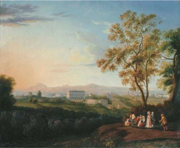A view of the Villa Albani, Rome, from the Patrizi Villa, with peasants, and an elegant couple in the foreground