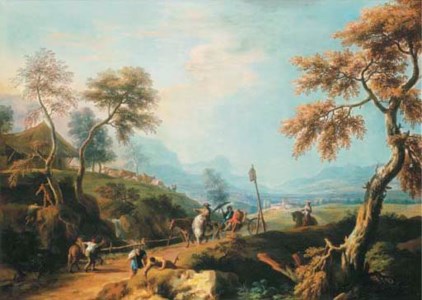 A wooded landscape, with gentlemen in a carriage on a road in the foreground, a valley beyond