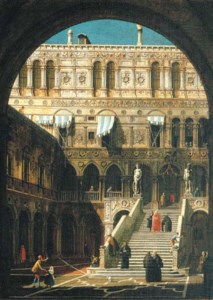 The courtyard of the Ducal Palace, Venice, with the Scala dei Giganti from underneath the Arco Foscari